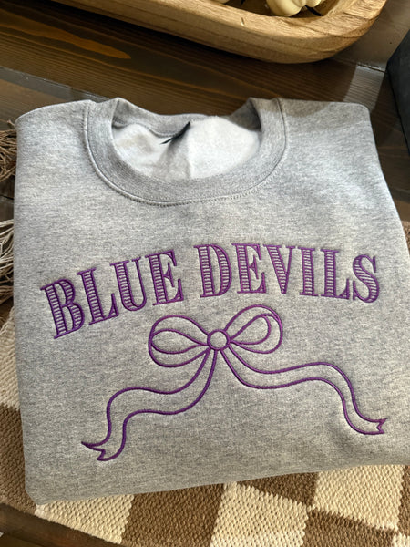 Blue Devils Purple/Purple bow Embroidered Crewneck