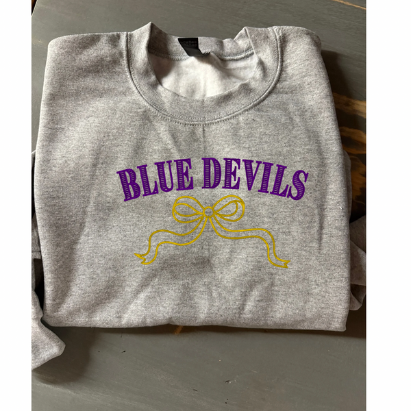 Blue Devils Purple/Gold bow Embroidered Crewneck