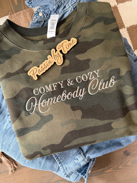 Comfy & Cozy Homebody Club on Camo Embroidered Crewneck