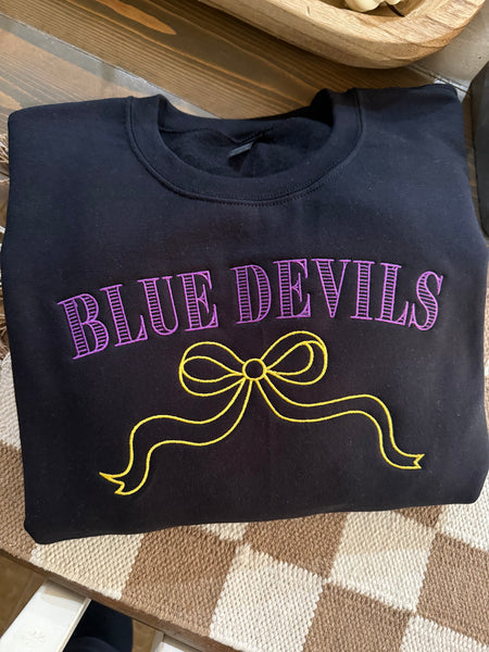 Blue Devils Purple/Gold bow Embroidered Crewneck on black