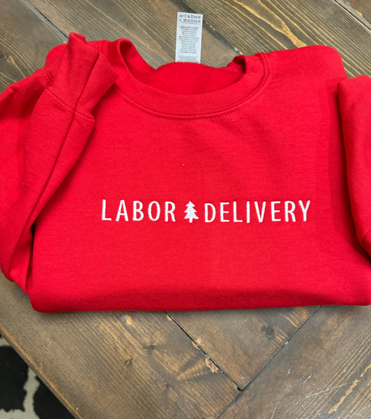 Embroidered Labor Delivery with Tree Crewneck