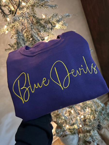 Blue Devils Script Embroidered Hoodie or Crewneck